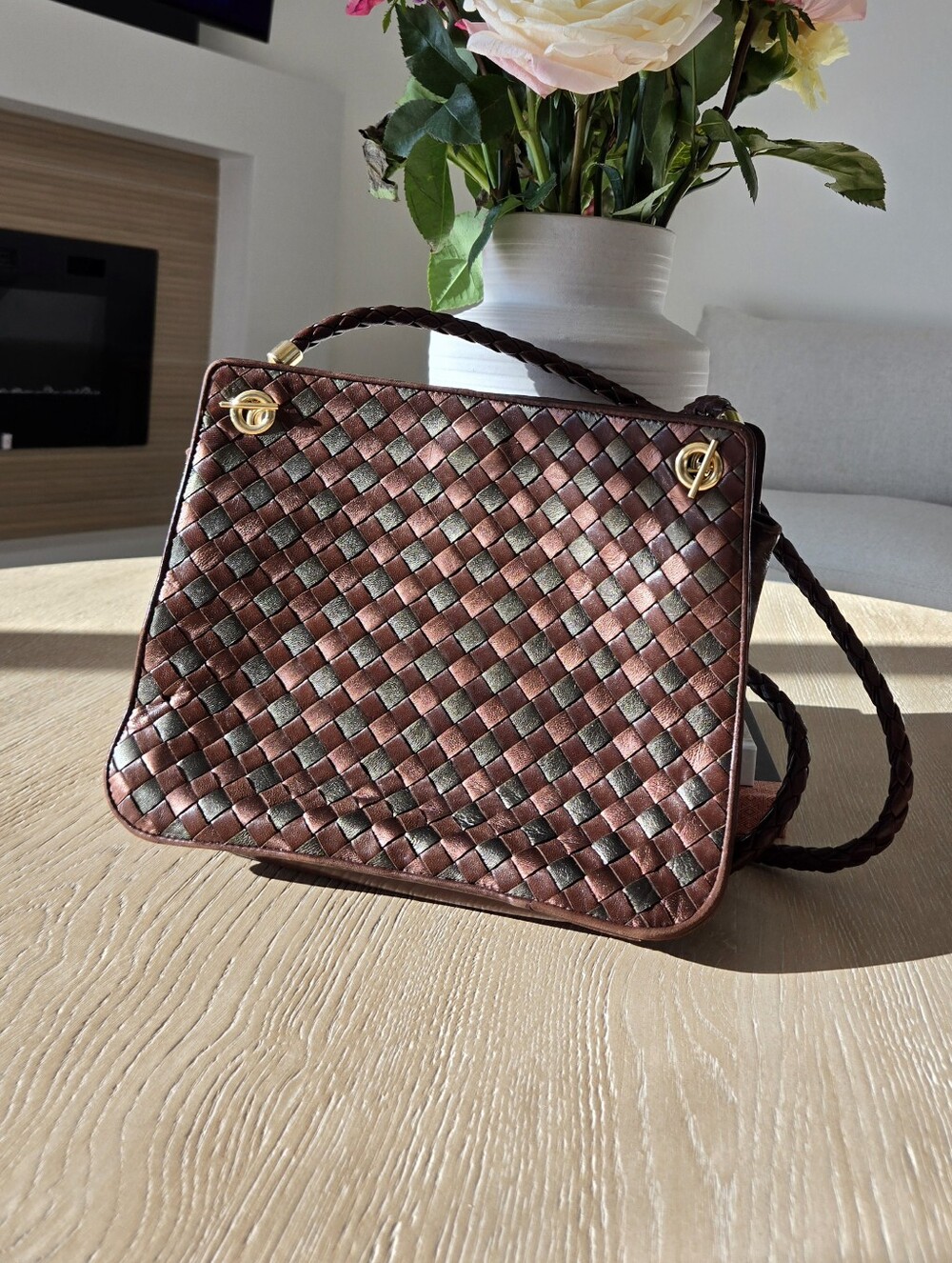 Vintage Bottega Veneta Multi-Tone Intrecciato Woven Leather Shoulder Bag - 1980s